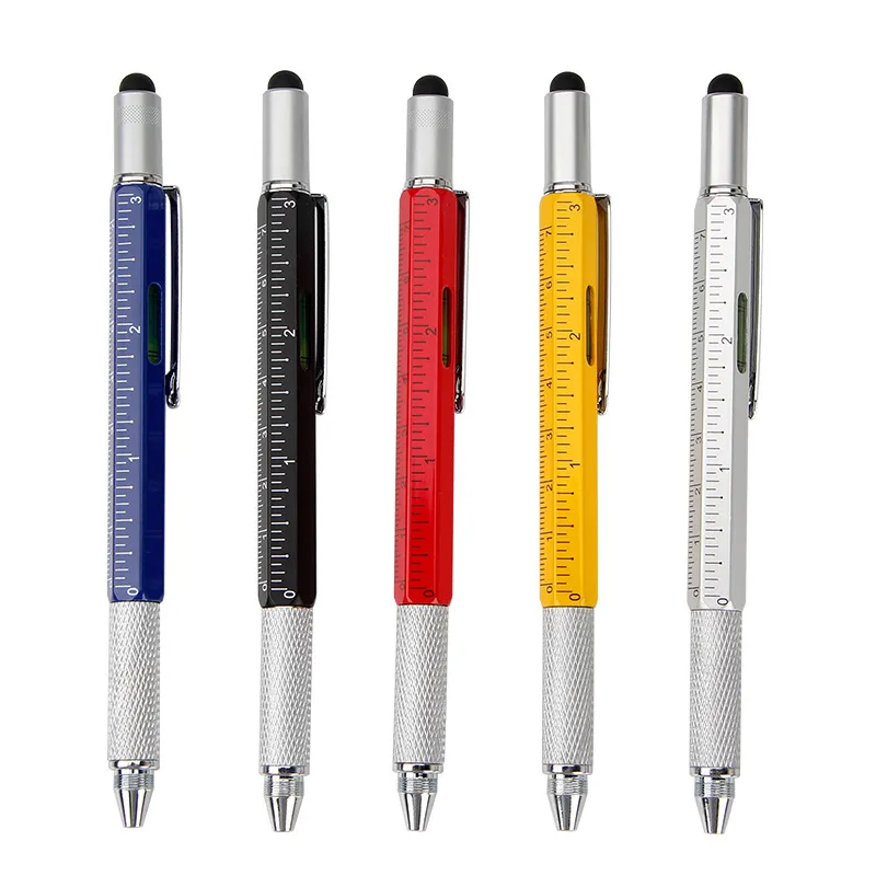 6-in-1-Taschen-Multifunktions-Werkzeugstift, weicher Stift, Kapazität oben, Schraubendreher, Lineal, Wasserwaage, personalisierte Multifunktionsstifte aus Metall