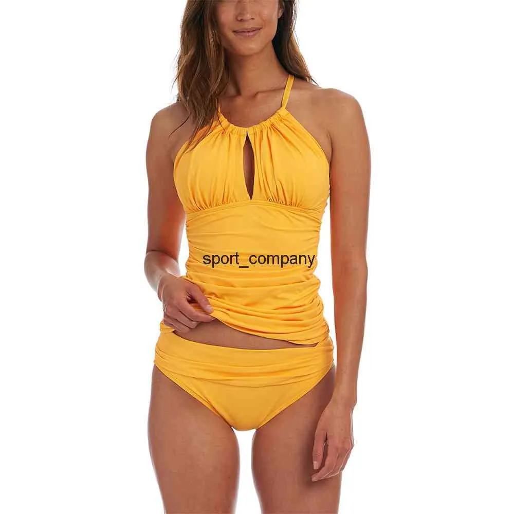 Controle de barriga amarelo tankini feminino swimsuit feminino biquínis conjunto oco halter swimwear duas peças de banho ternos 2022