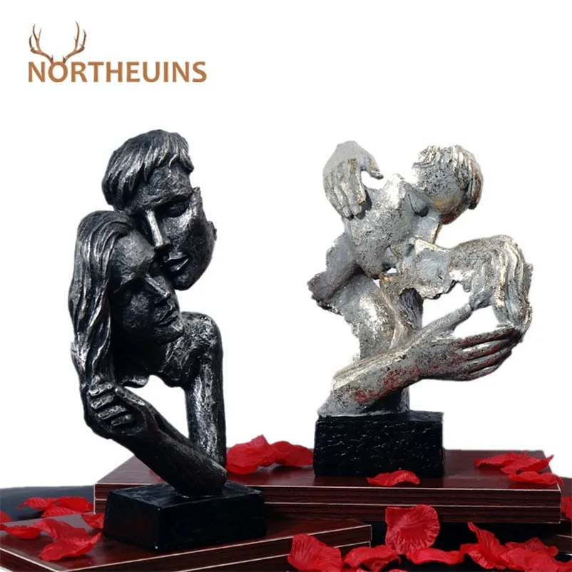 NORTHEUINS Resin Kissing Couple Mask Statue Lover Miniature Figurines For Interior Valentine's Day Gift Home Desktop Decoration 210727