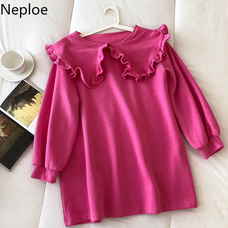 NEPLOE CHIC Ruffles Bluzy Koreański Moda Peter Pan Collar Sweet Tops Płaszcz Solid Color Loose All-Mecz Bluza Kobiety 210422