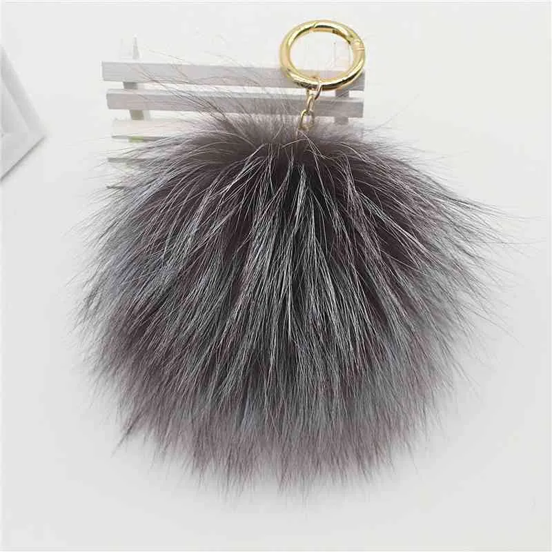 Big 15cm Fluffy Real Fox Fur Ball Pom Poms Natural Fur Pompom Leather Strap Keychain Key Chain Ring Pendant For Women Charm f278