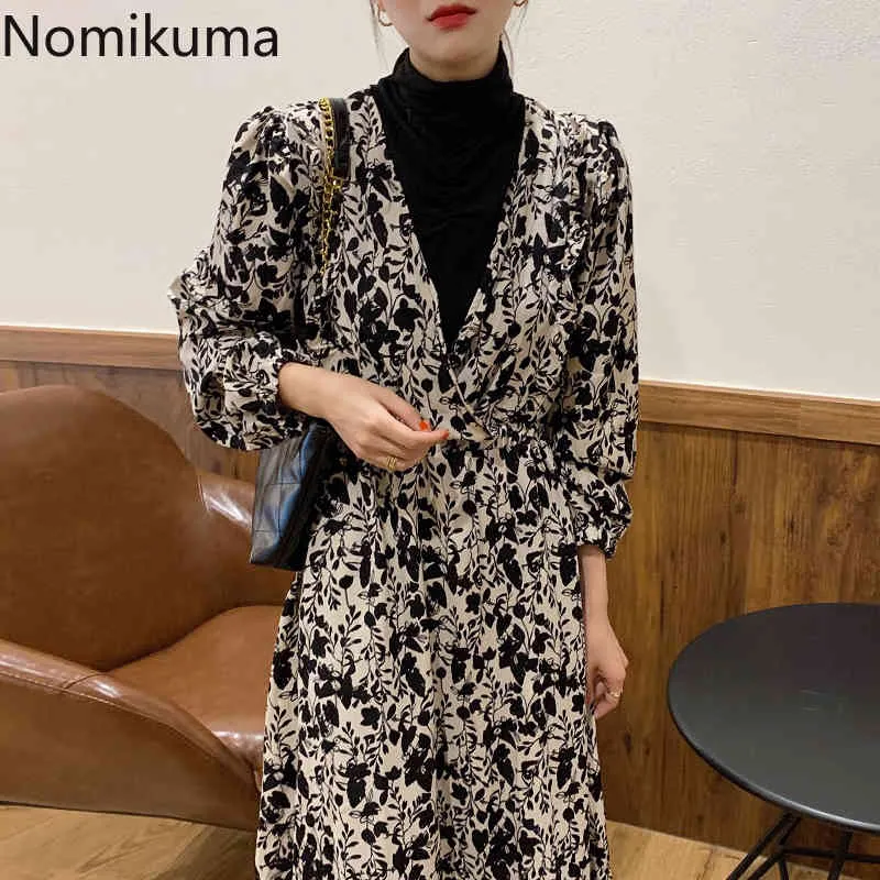 NOMikuma Vintage Turtleneck с длинным рукавом платья поддельные две части цветочные напечатанные тонкие талии Maxi платье женщины корейский шик Vestidos 210514