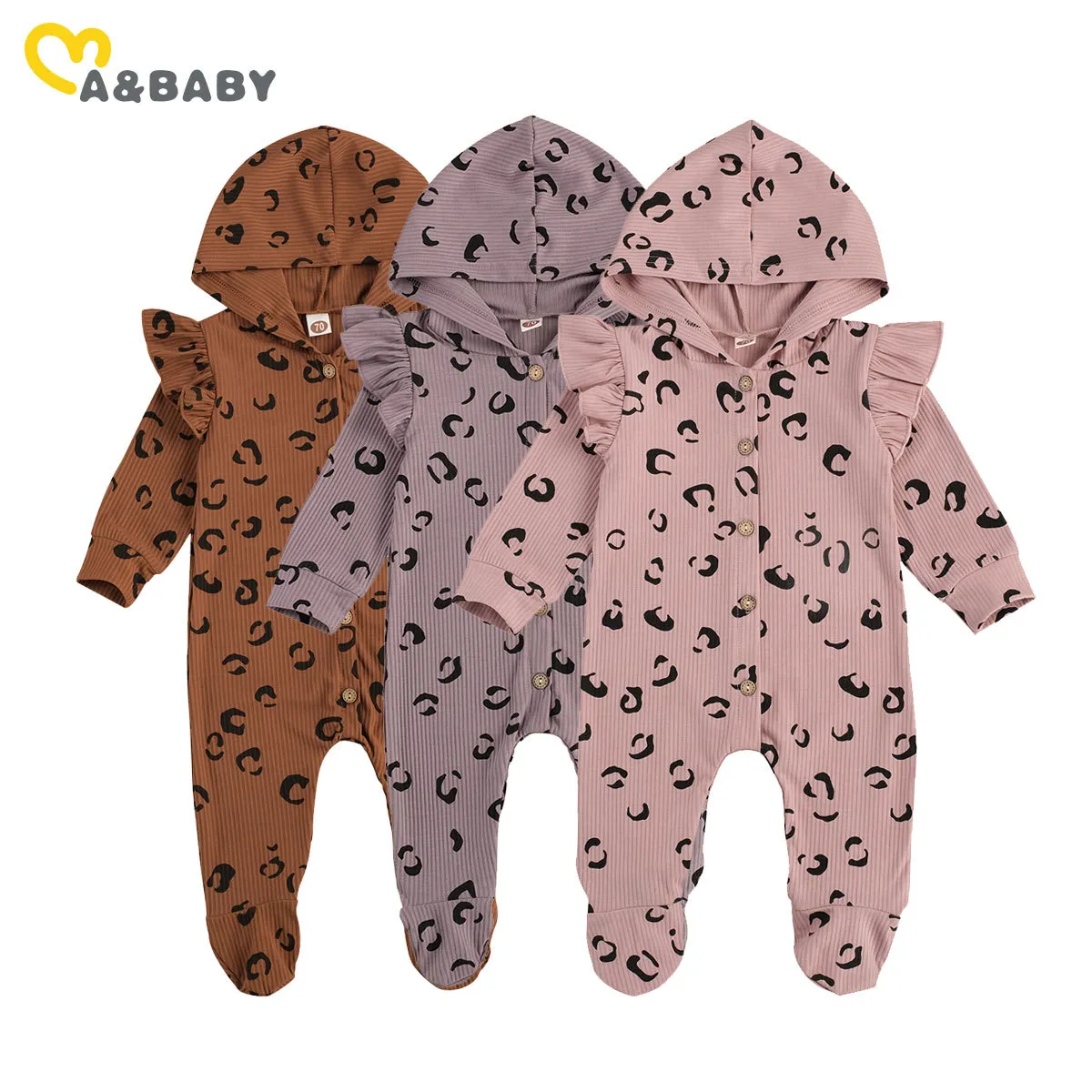 0-24M Spring Autumn born Infant Baby Girl Hooded Romper Long Sleeve Leopard Jumpsuit Playsuit Clothes 210515