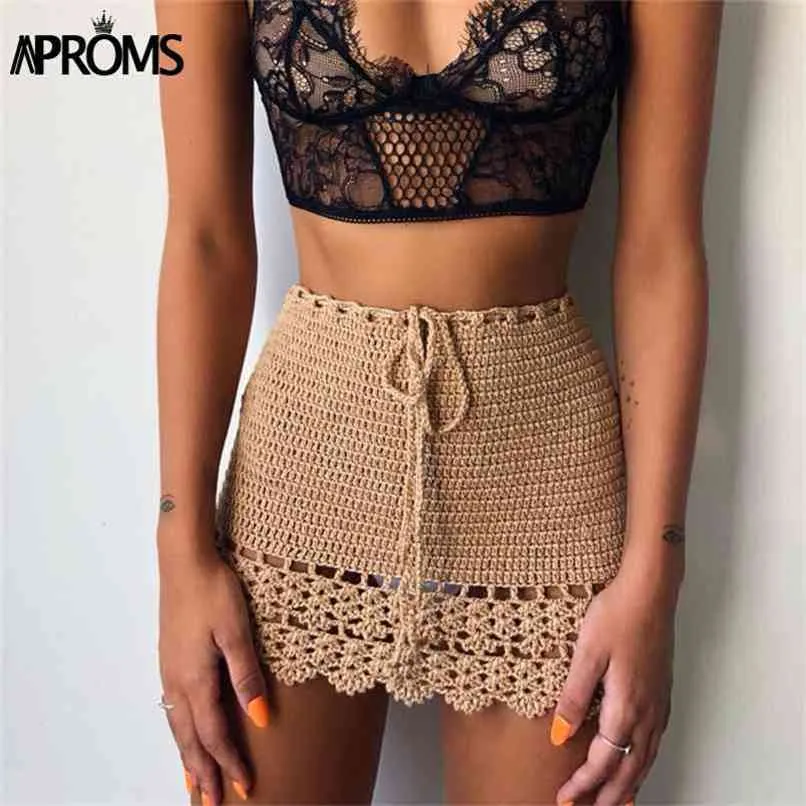 Aproms élégant fait à la main coton Crochet Mini jupes femmes été taille haute noeud papillon jupe dames plage Bikini bas Saias 210619