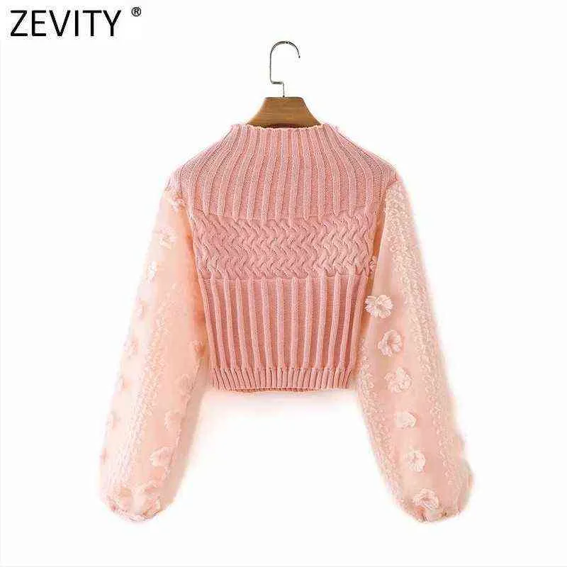 Zevity Women Fashion Appliques Chiffon Lantern Sleeve Patchwork Short Knitting Sweater Ladies Chic Pullovers Tops S631 220104