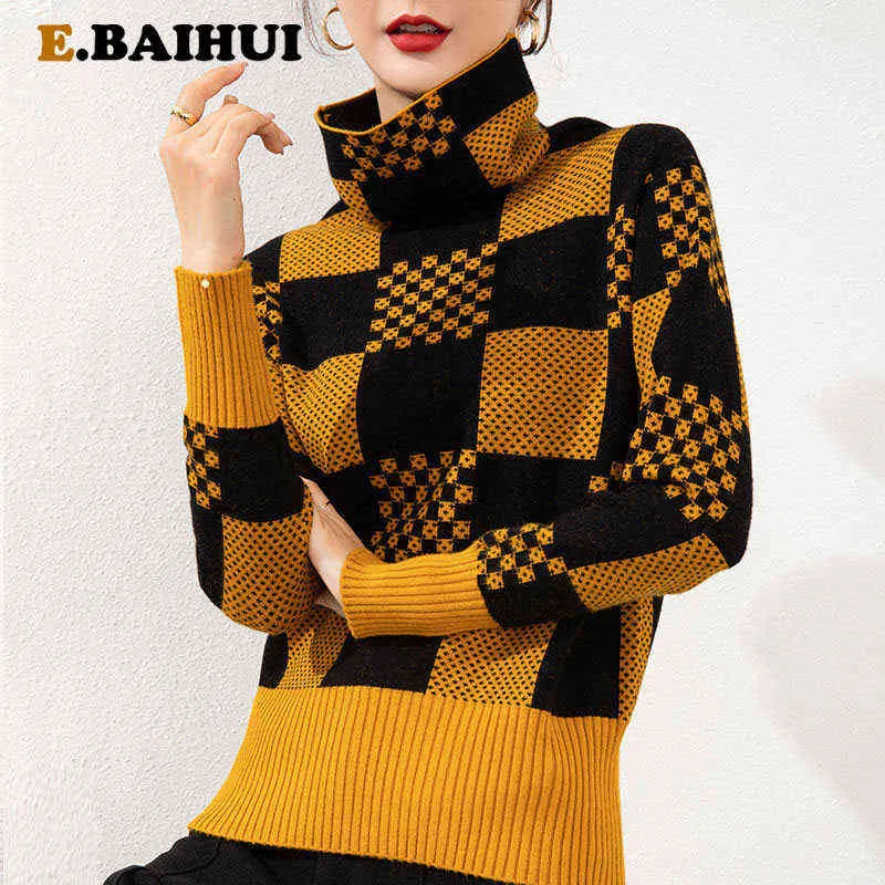 Ebaihui Wool Kobiety Turtleneck Sweter 2021 Jesień Zima Ciepłe Miękkie Dzianiny Pulower Femme Jumper Plaid Kobiety Kaszmirowy Sweter Y1110