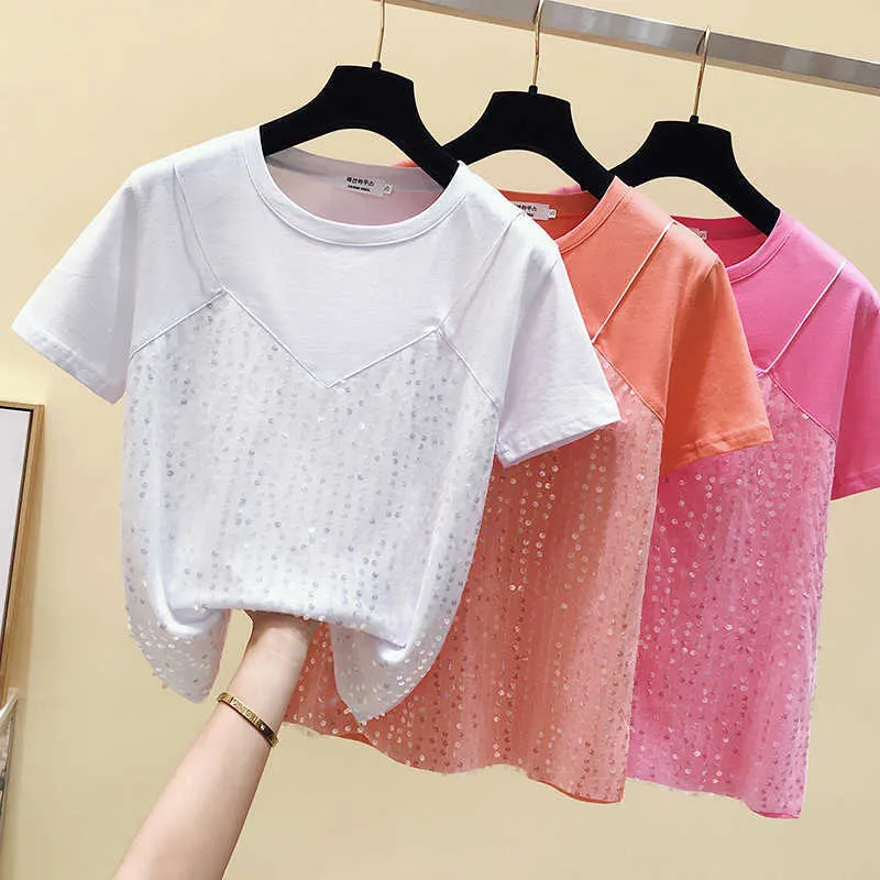 Mesh patchwork t-shirt vrouwen kleding casual zomer top korte mouw tee shirt femme plus size nep twee stukken tops 210604