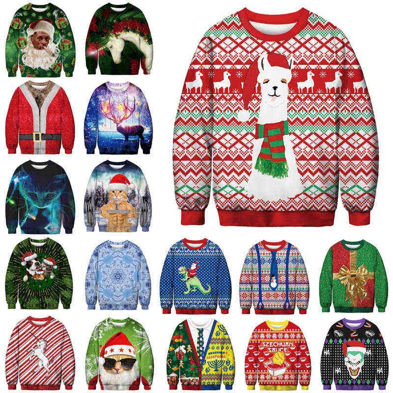 Unisex Men Women 2021 Ugly Christmas Sweater Santa Elf Funny Christmas Fake Hair Jumper Autumn Winter Tops Clothing Wholesale Y1118