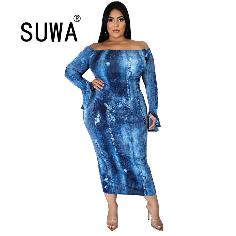 Printemps Femmes Robe Midi Élégant Sexy Club Wear Slash Col À Manches Longues Tie Dye Robes En Gros Plus La Taille Vêtements Femme 210525