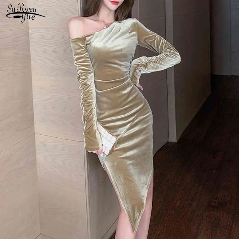 Женское платье с длинным рукавом Bodycon от плеча сексуальная вечеринка MIDI женщина сплит элегантные офисные дамы ES Vestido 13188 210508