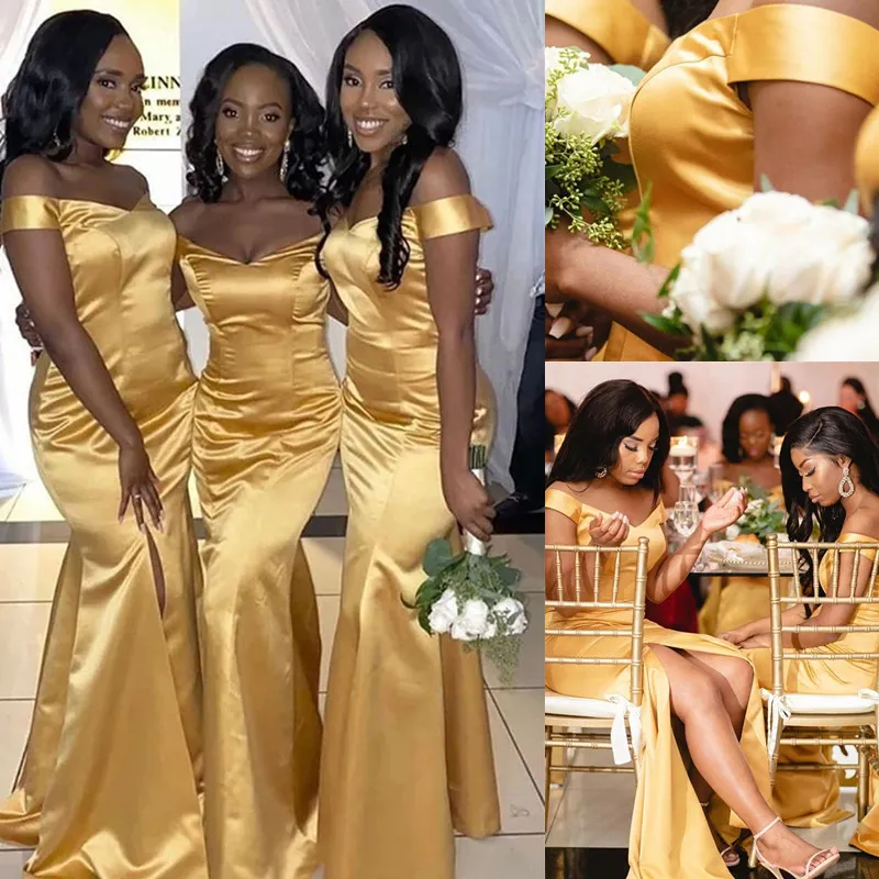 Off Shoulder Mermaid Gold Satin Long Custom Bridesmaid Dresses , BN114 –  GordressYou