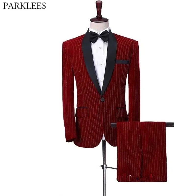 Costume de smoking en velours hommes un bouton col châle robe à rayures verticales costumes avec pantalon hommes fête dîner Traje Hombre 210522