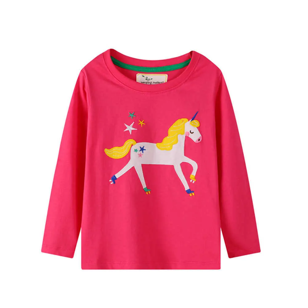 Hoppmätare Unicorn Girls Långärmad T-shirts för höst Vår Bomull Barntröjor Mode Applique Kids Clothes Tees 210529