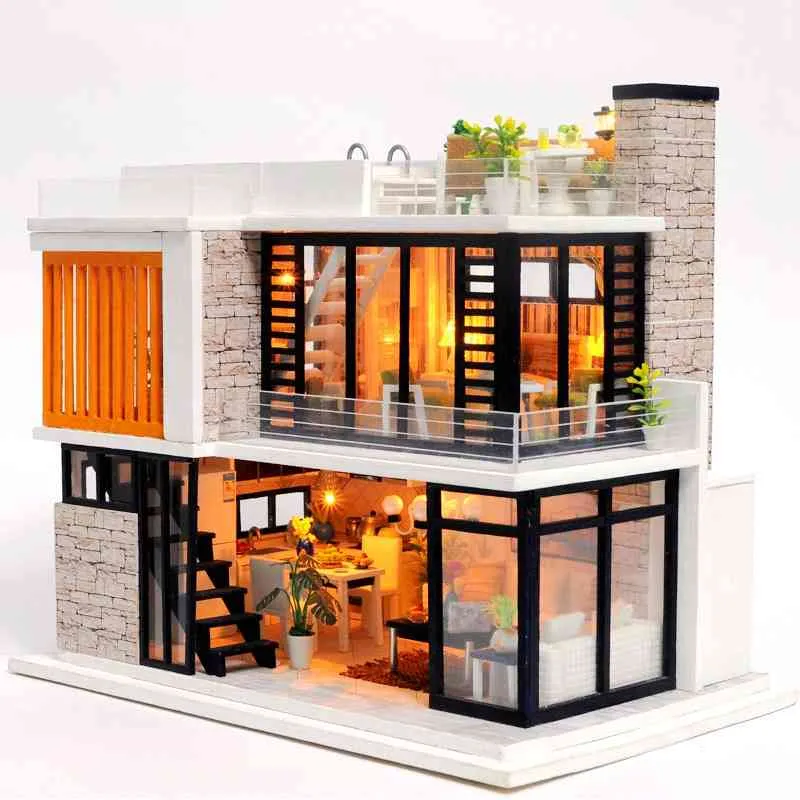 Diy Doll House Maison Poupée En Bois Maisons Miniature Doll Mobilier  Mobilier Piscine Kit Construire Villa Jouet Pour Enfants Cadeau De Noël  Y0329 Du 44,77 €