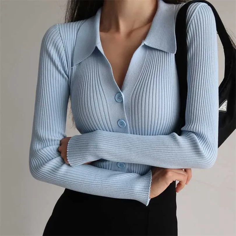 Women Lapel Slim Slimming Tops Ladies Hollow Buttons Sexy V Neck Long Sleeve POLO Knit Cardigan Sweater 211018