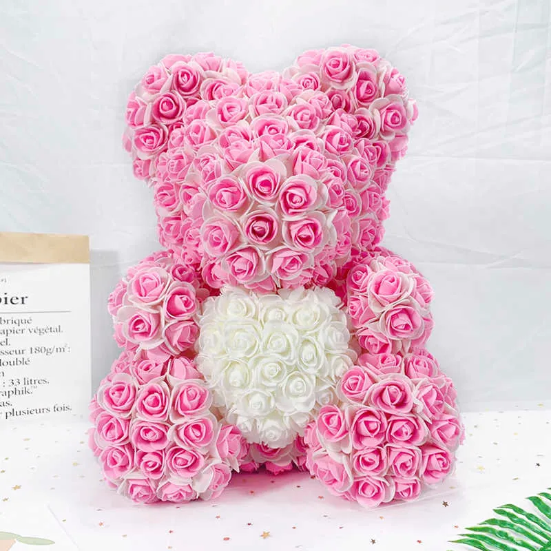 Dubbele kleuren 40 cm Rose teddyberen met hart kunstmatige bloemberen voor Valentijnsdag Huwelijksgeschenken 210624