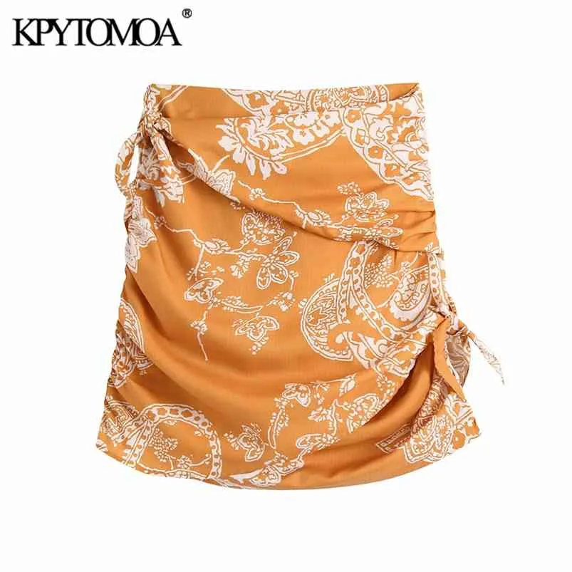 KPSOMOA Kadınlar Moda Ile Düğüm Baskılı Plise Mini Etek Vintage Yüksek Bel Geri Fermuar Kadın Etekler Mujer 210730