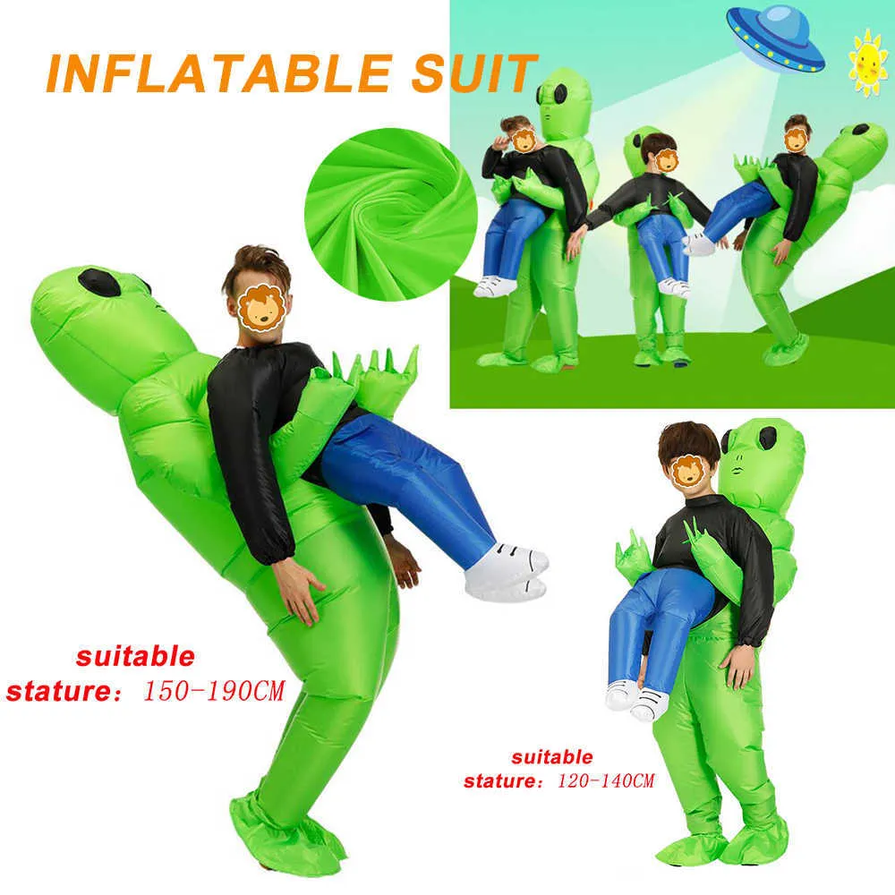 Neues aufblasbares Halloween-Kostüm, grüner Alien, der menschliche Anzüge für Kinder und Erwachsene trägt, lustiger Aufblasanzug, Party-Abendkleid, Unisex 3 Q0910