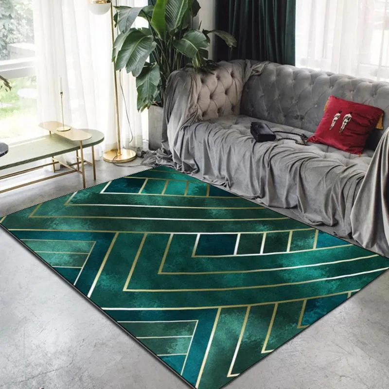 카펫 노르딕 럭셔리 다크 그린 골드 라인 카펫 거실 현대적인 장식 공간 침실 주방 매트 안티 슬립