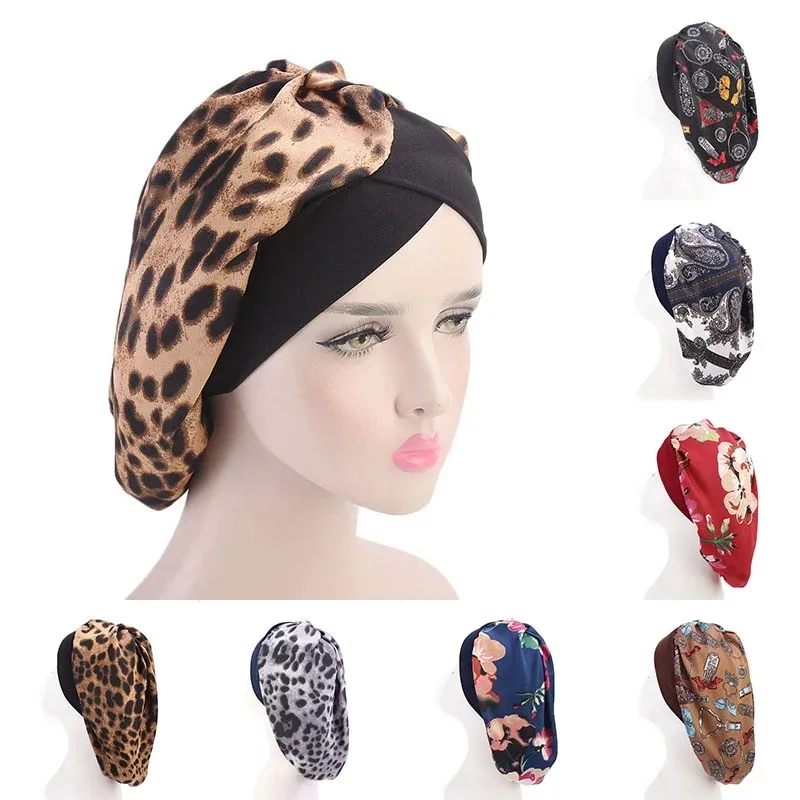 Turbantes Satin-Nachtschlafmütze, Haarhaube, Turban-Hut, Seide, Bandanas, Mützen, Kopfwickel, lässige Kopfbedeckung, elastische Kopfbedeckung, Leopard