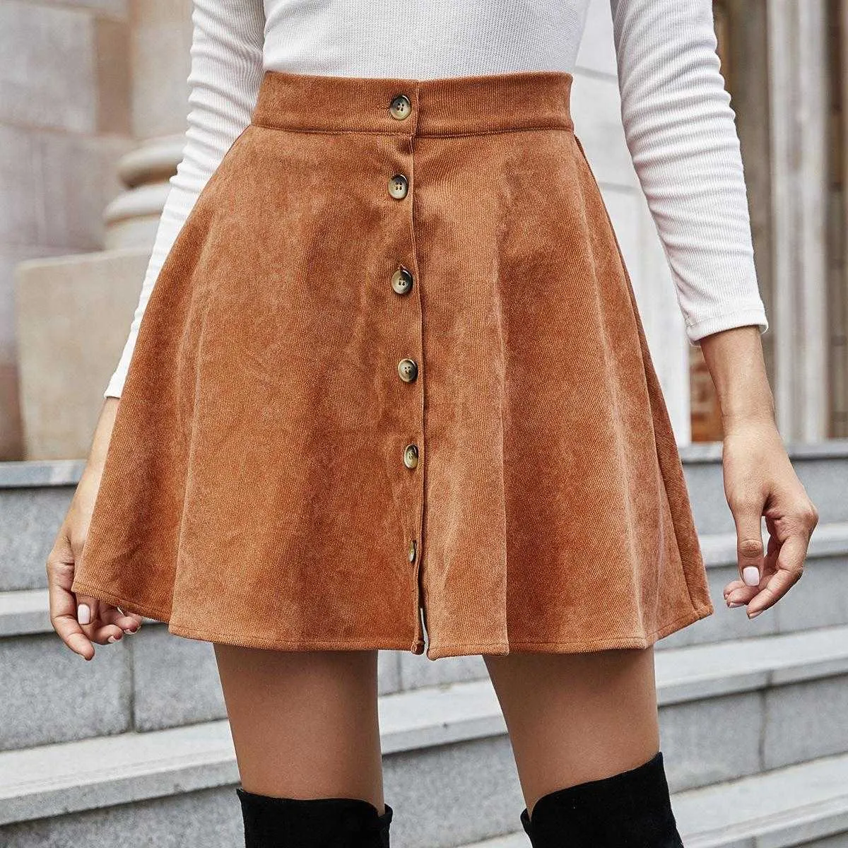 Women Corduroy Mini Skirt Autumn Winter Fashion Single Breasted