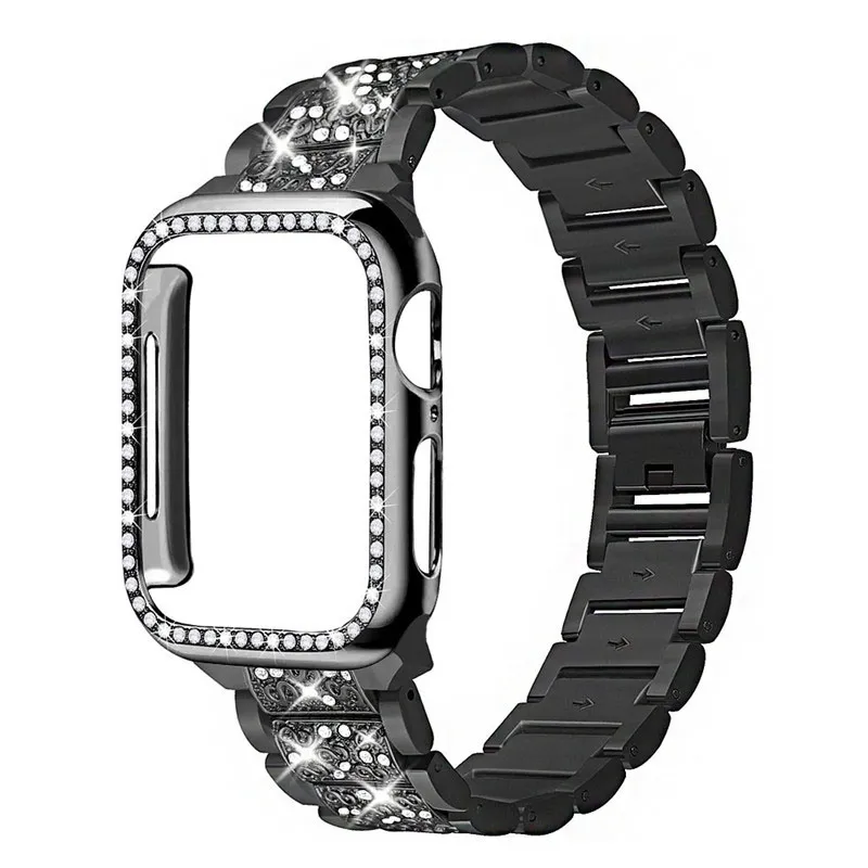 Imitation Jewel SmartWatch Straps + Diamond Case Watchbands Women Diamond Watch Band för Apple Iwatch Series 7 6 5 4 Zirkoniumlegering Strem 41mm 45mm Armband Wristband