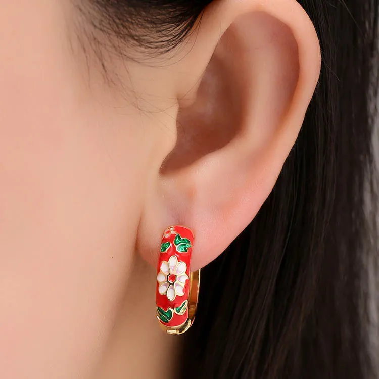 Beautiful Colors Charm Earring Basic Golden Hoop With Colorful Flower Design Pattern Multiple Optional Wholesale