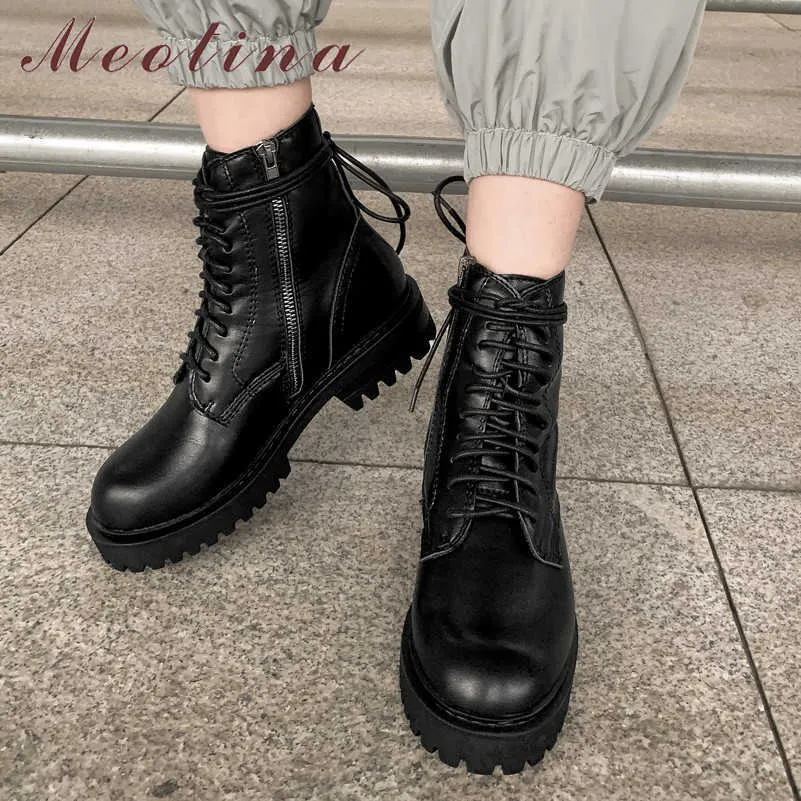 Meotina أحذية الكاحل النساء الأحذية منصة منتصف كعب أحذية قصيرة الدانتيل يصل زيبر سميكة كعوب سيدة أحذية الخريف الشتاء أسود حجم 43 210608