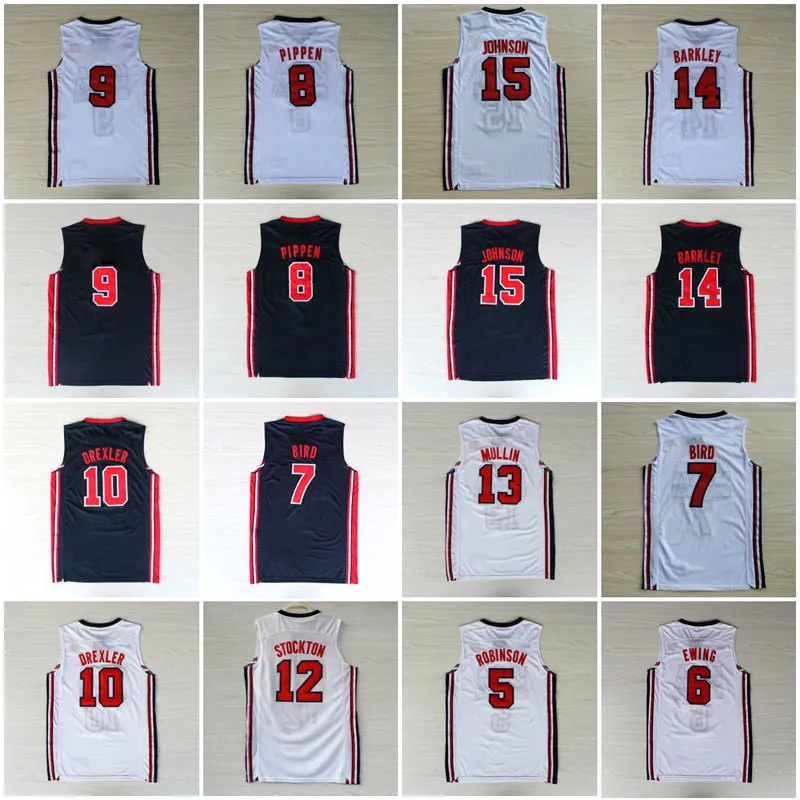 Collège 1992 USA Team Dream Team One John Stockton Jersey Patrick Ewing David Robinson Karl Malone Chris Mullin Johnson Jersey tout cousu