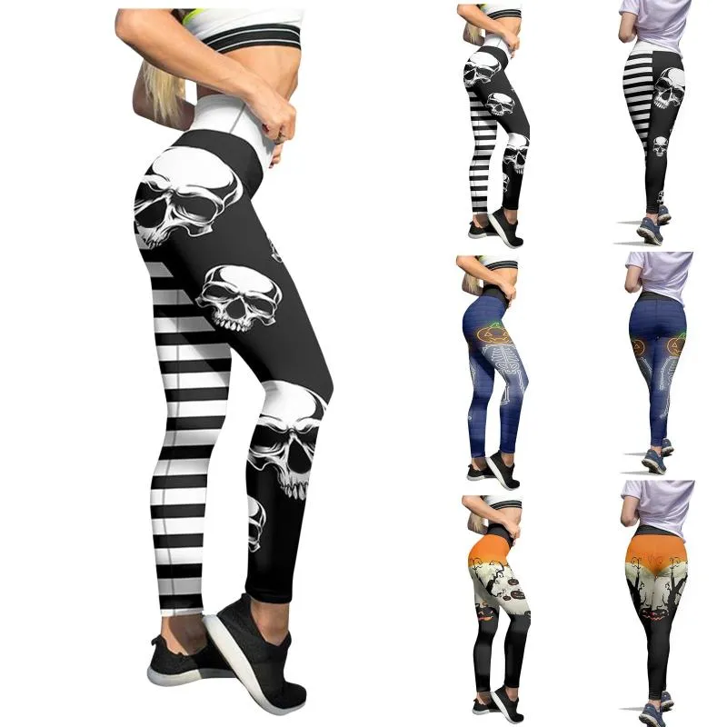 Yoga Outfit Skeleton Printing Leggings Women Pumpkin Halloween Printed Sports High Stretch Pants Waist Slim Sport