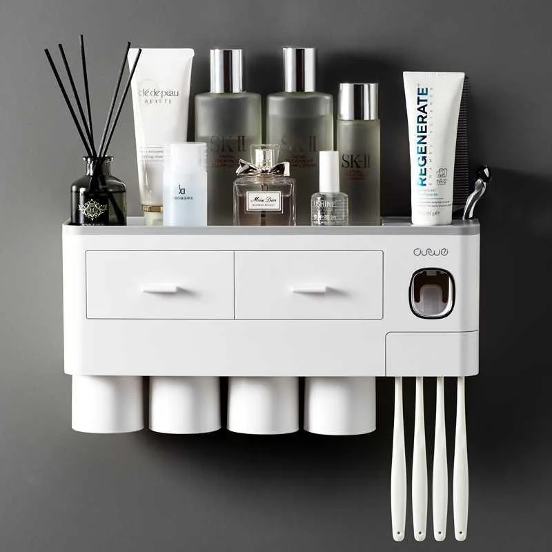 Porte-brosse à dents Support mural Adsorption magnétique Distributeur de dentifrice inversé Support de rangement de maquillage pour accessoires de salle de bain Set 713 V2