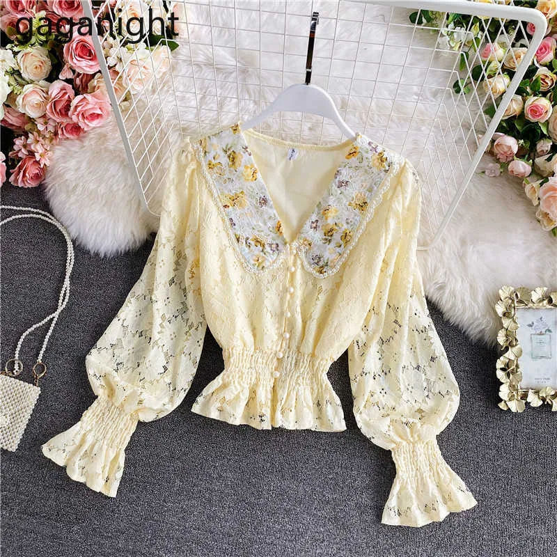 Spring Hollow Out Women Lace Blouse Vintage Embroidery Crop Top