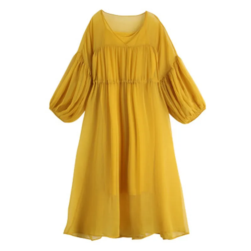 Kadın Şifon Sarı V Boyun Katı Gevşek Fener Kol Uzun Tatil Elbise Eşarp D2279 210514