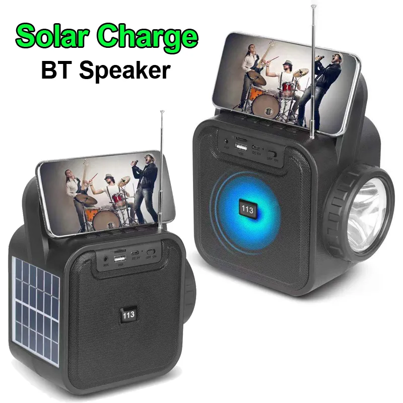 Alto-falante sem fio BT com carga solar com antena de rádio FM Lanterna LED Suporte para telefone Alça estéreo portátil Caixa de som de alta fidelidade Alto-falante externo