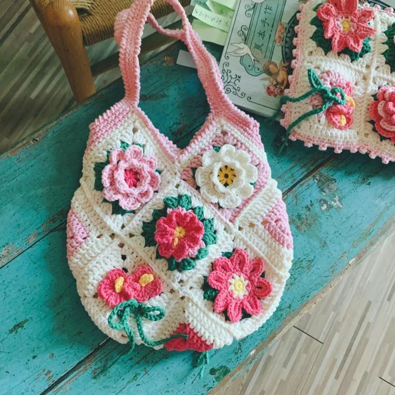 Shoulder Bags Wisteria Flower Handmade Crochet Women Woolen Thread Knitted Tote For Large Capacity Woven Women's Bag