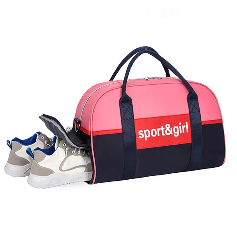 ジムの女性のためのスポーツバッグフィットネスのためのピンクの独立した靴の袋のための大容量旅行収納袋の乾燥と濡れた分離水着Q0705