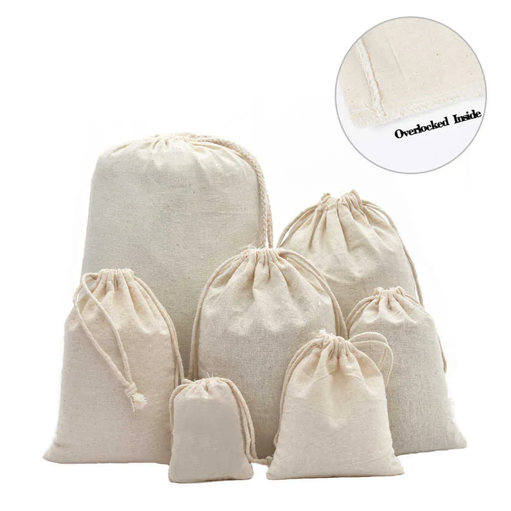 50pcs Double Drawstring Calico Cotton Muslin Gift Bags for Herb Tea Wedding Party Favor Pouch Jewelry Packaging Bag Wholesale 210724