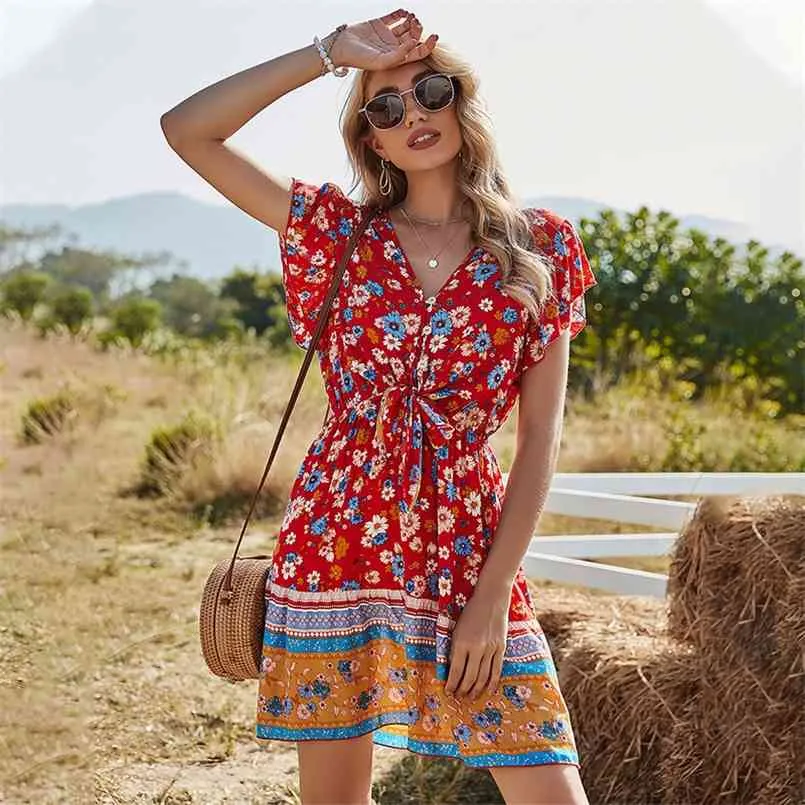 Summer Beach A-Line Drukuj Sukienka Pozycjonowanie Kierowczy Krzyż Krzywa Ruffles Sleeve Damskie Vestidos 210508