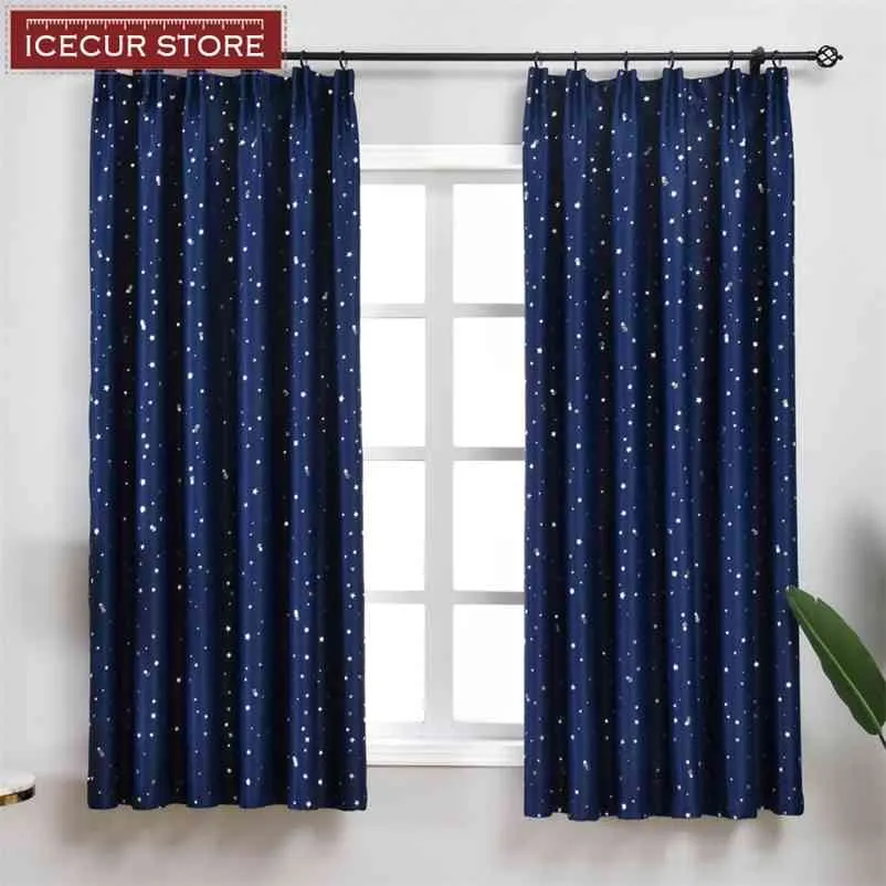 ICECUR Shiny Silver Stars Blackout Curtain for Kids Child Bedroom Korean Style Window Voile Tulle Curtain for Living Room 210913