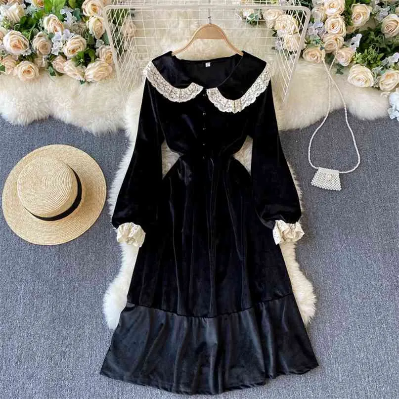 Kvinnor Mode Retro Velvet Black Dress Sweet Lace Big Lapel Slim Ruffle Långärmad Elegant Vestidos R030 210527