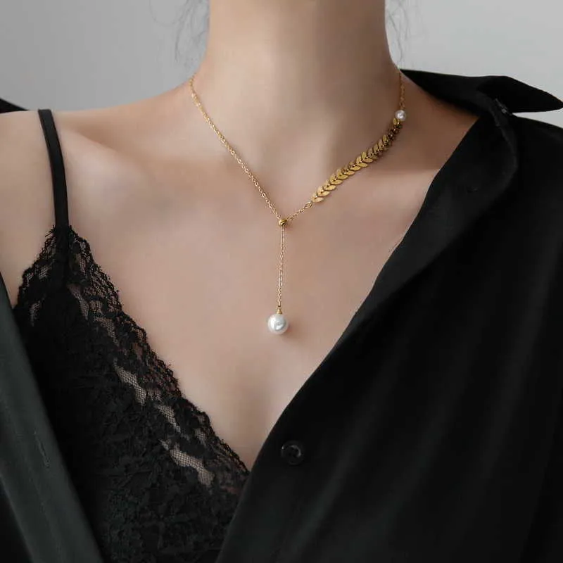 Collier avec pompon en perles de blé pour femmes, chaîne de clavicule, petit pull de luxe, ne se décolore pas, nouvelle mode 2021, 179l