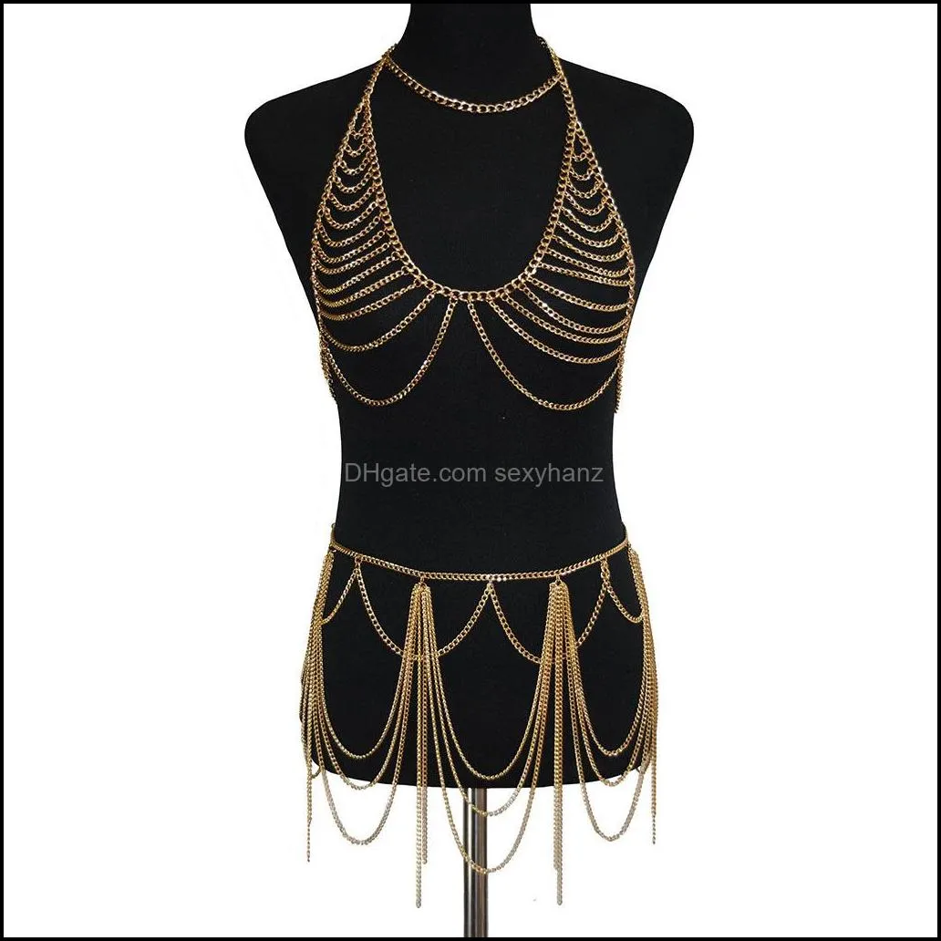 Accessories Fashion Sexy Tassel Multilayer metal chest chain short skirt Diamand skirt Suit Bra nightclub Body Chain super Flash Chain ladder Waist