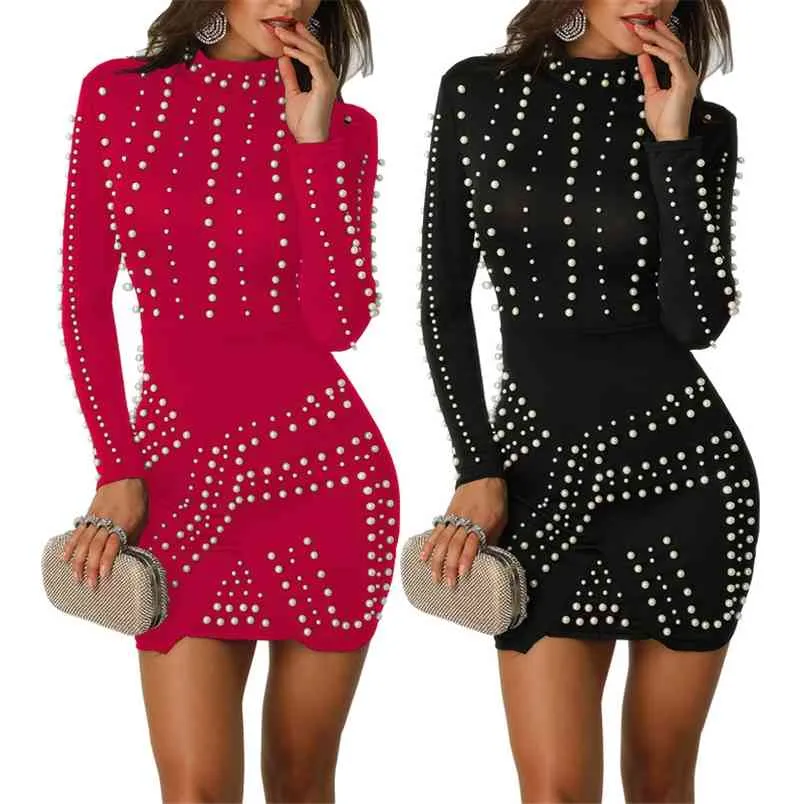 Omsj formell långärmad elegant klänning pärla svart / blå / röd bandage bodycon mini klänningar mode o-hals höst vestidos 210517