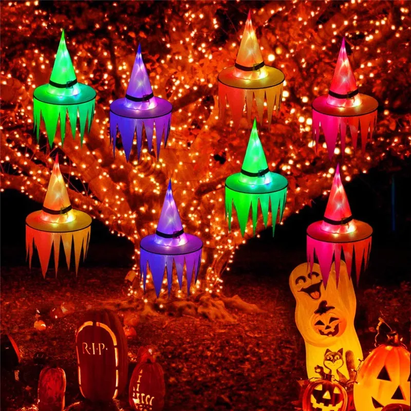 Halloween-decoraties opknoping verlichte led gloeiende heks hoed batterij uitgevoerd voor veranda outdoor boom yard xbjk2108
