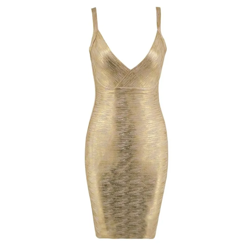 Sexy Sommerkleider Damen Verband Bodycon Mini Elegante Abendparty V-Ausschnitt Club Gold Kleidung 210515