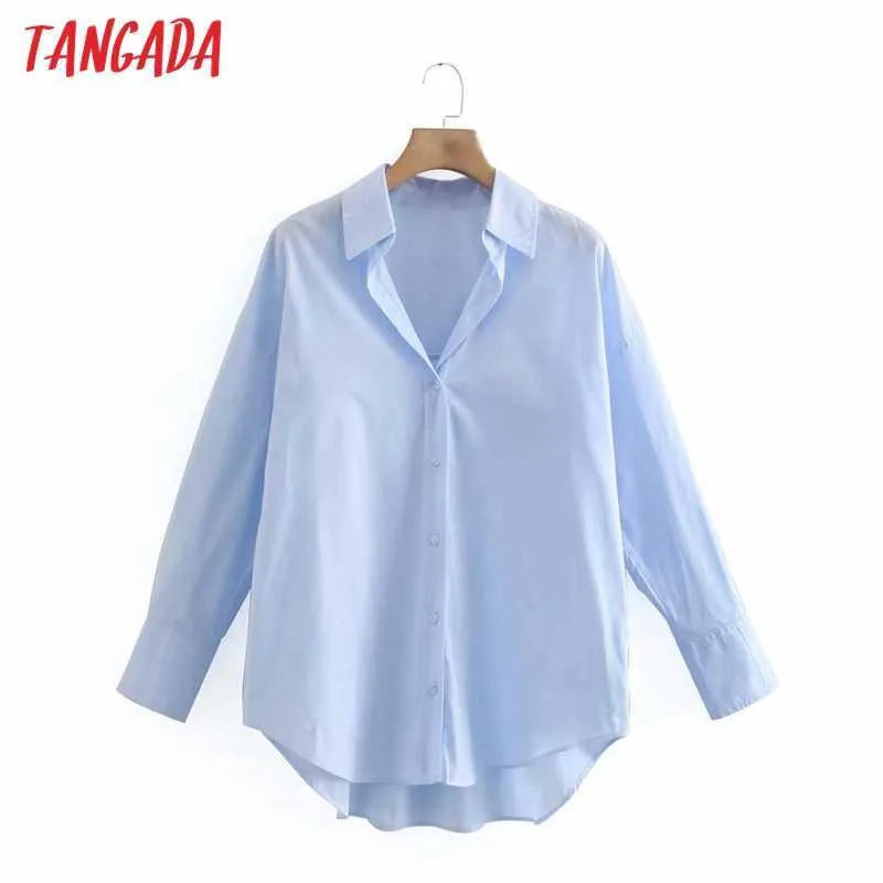 Tangada Dames Mode Blauw Casual Losse Shirts Dame Lange Mouwen Zakelijke Blouse Chic Vrouw Blusas Tops XN322 210609