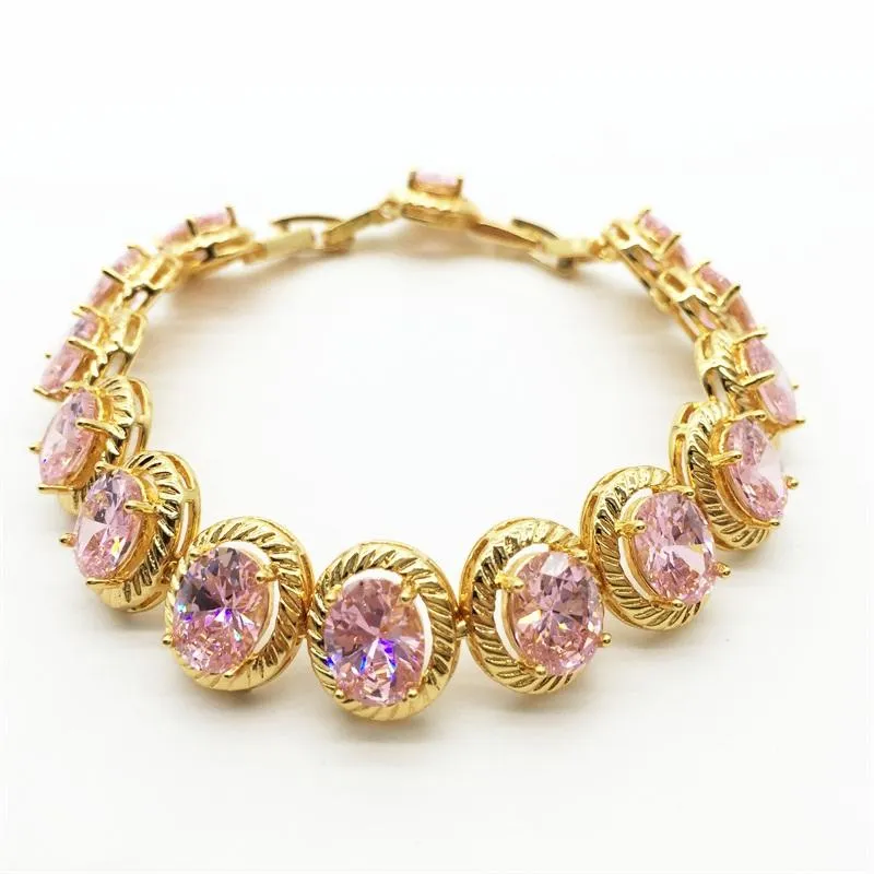 Link, Chain Luxury Egg Shaped Pink Stone Cubic Zirconia Crystal Zircon Bridal Bracelet & Bangle Wedding Dinner Party Accessories