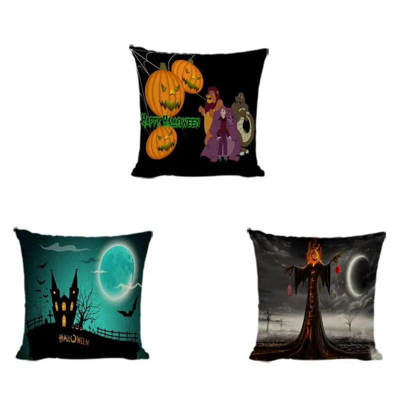 Kudde / Dekorativ kudde Happy Halloween Cushion Cover Linne Häxa Ghost Castle Decoration Pillowcase Hem Soffa Sovrum