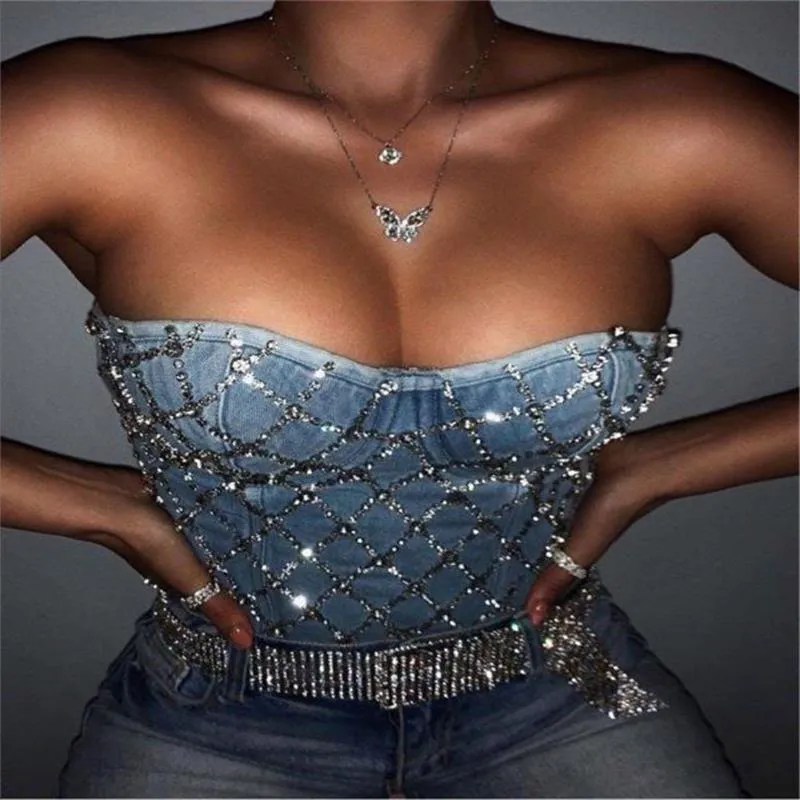 Mulheres Tanques Camis Strass Top Haut Sexy Strapless Rasgar Roupas Bustier Bustier Bra Backless Boobs Brallette Ropa Para Mujer Damskie Cam