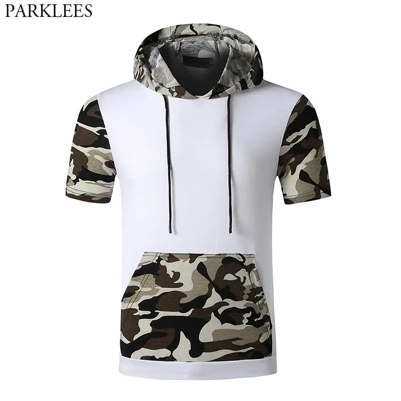 Hip Hop Camouflage Patchwork Hoodie Koszulki Mężczyźni Krótki Rękaw Slim Fit Męskie Bluzy T Koszulki Casual Harajuku Streetwear Topy Tee 210522